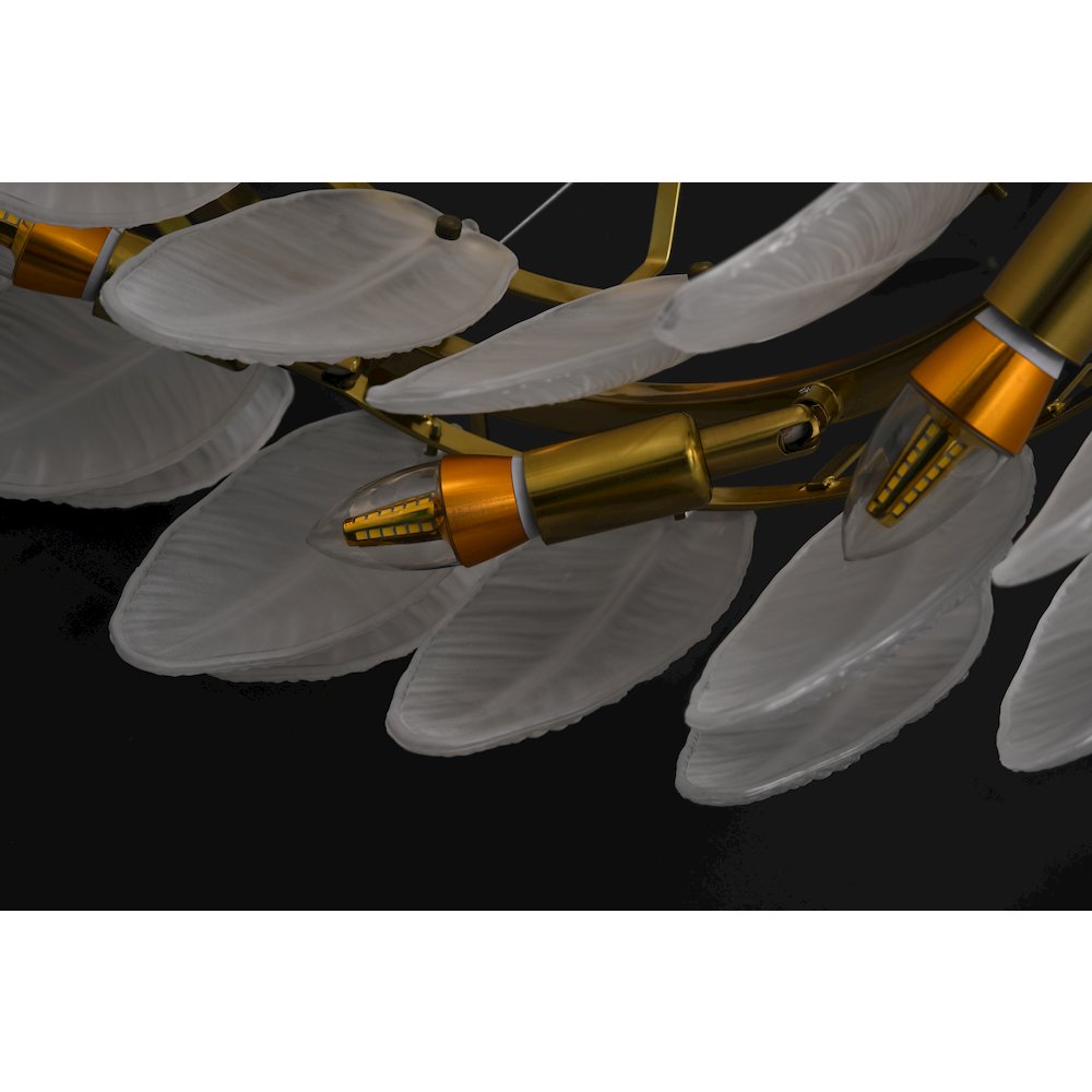 16-Light Brass Chandelier With White Glass Leafs