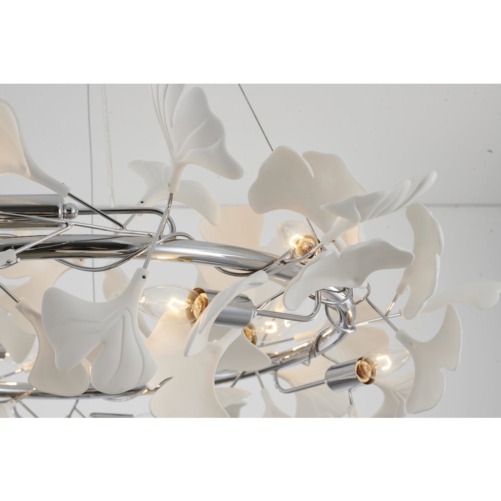 10-Light Chrome Chandelier With White Acrylic Leafs