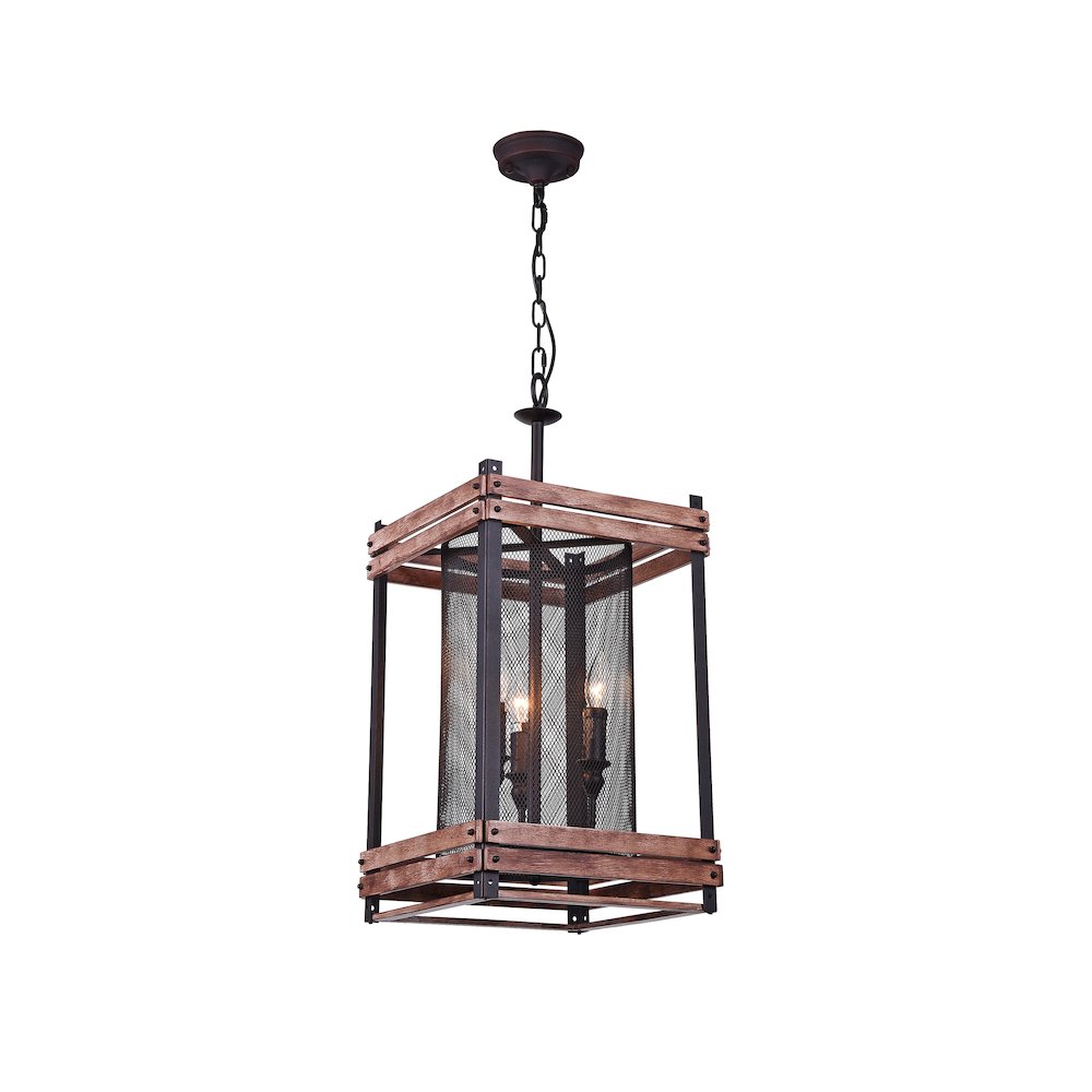 3-Light Black Iron Chandelier With A Wood Frame