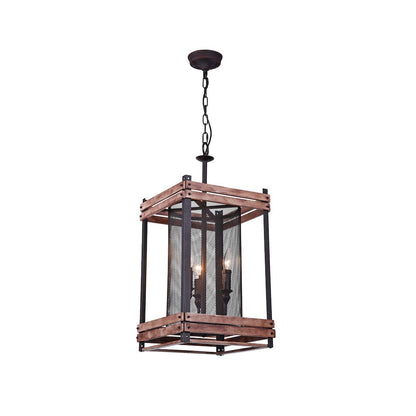 3-Light Black Iron Chandelier With A Wood Frame