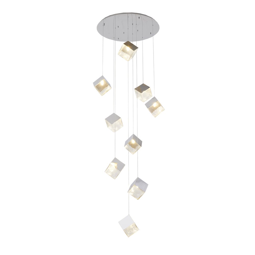 9-Light Chrome Cubed Chandelier With A Clear Distorted Glass Shades