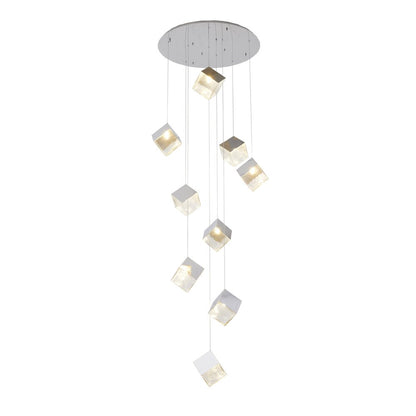 9-Light Chrome Cubed Chandelier With A Clear Distorted Glass Shades