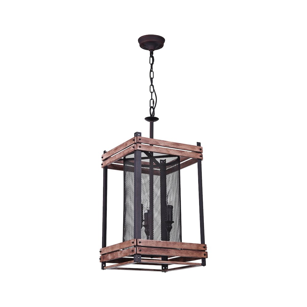 3-Light Black Iron Chandelier With A Wood Frame