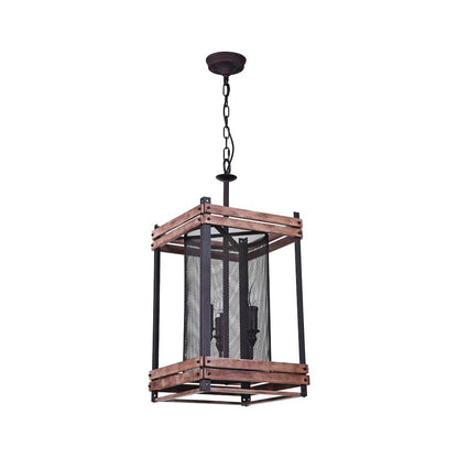 3-Light Black Iron Chandelier With A Wood Frame