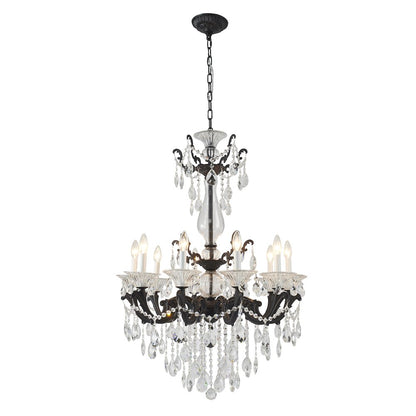 10-Light Satin Black Metal Chandelier With Clear Hanging Crystals