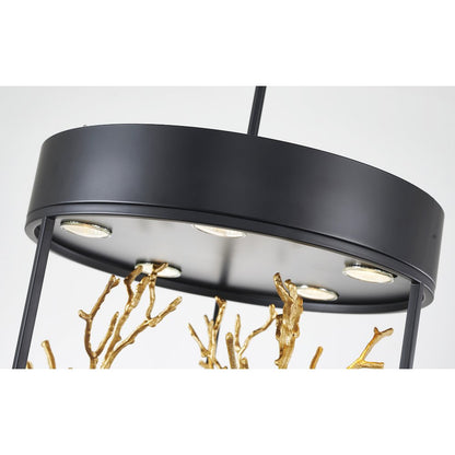 5-Light Matte Black Pendant With Gold Branch Accents