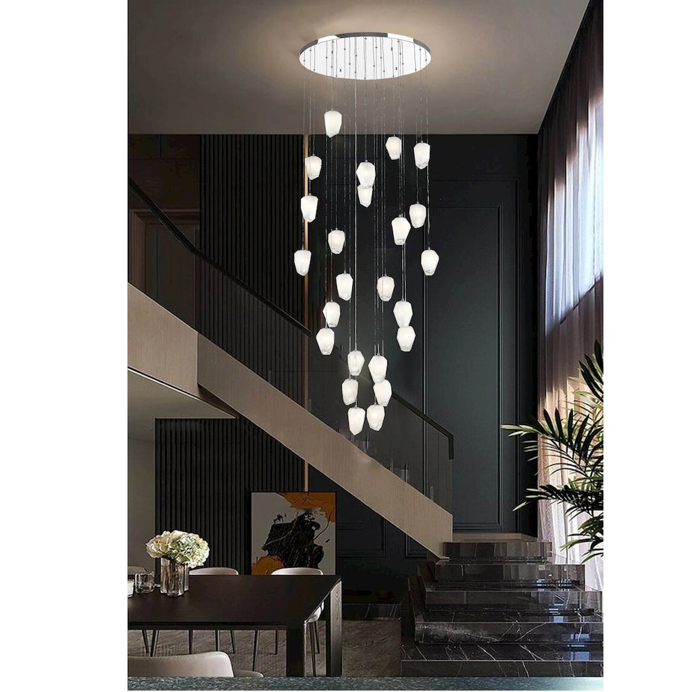 24-Light Chrome Chandelier With White Glass Pendants