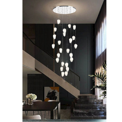24-Light Chrome Chandelier With White Glass Pendants