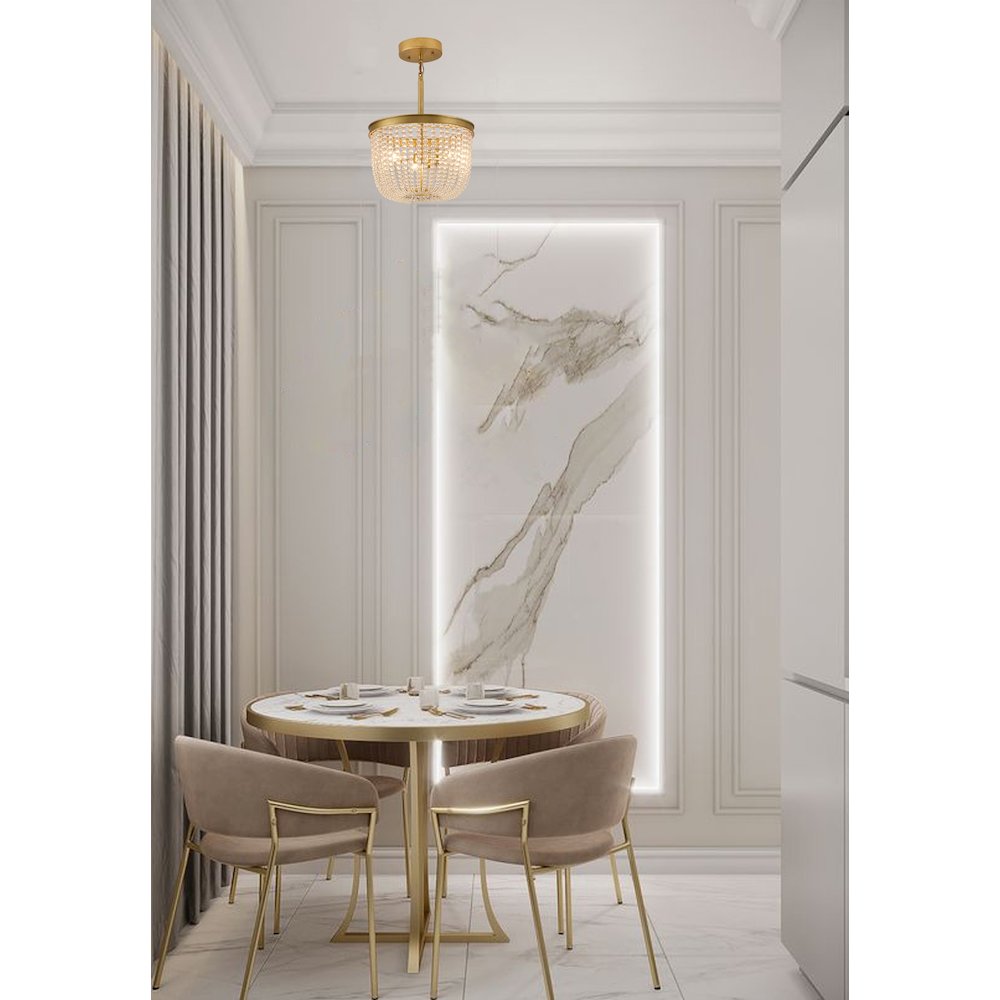 3-Light Gold Semi Flush Mount With Clear Glass Beads