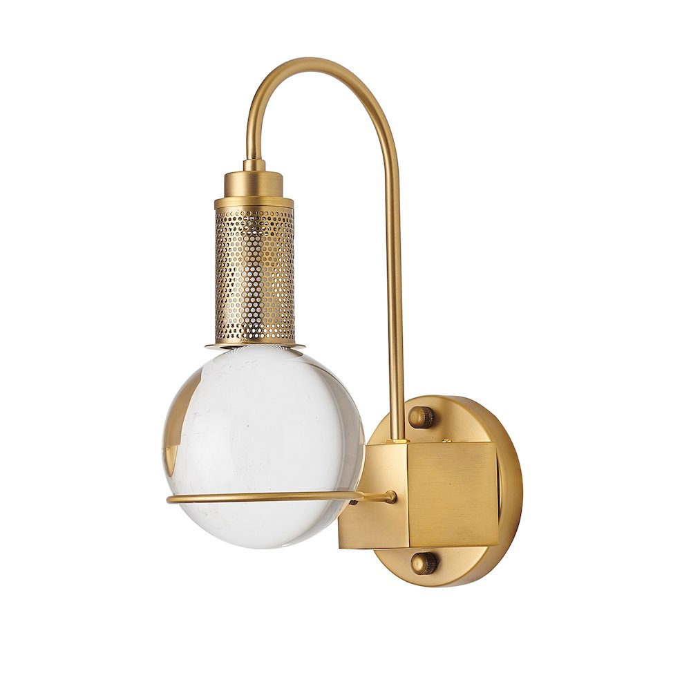1-Light Antique Brass Metal Wall Sconce With A Clear Crystal Ball