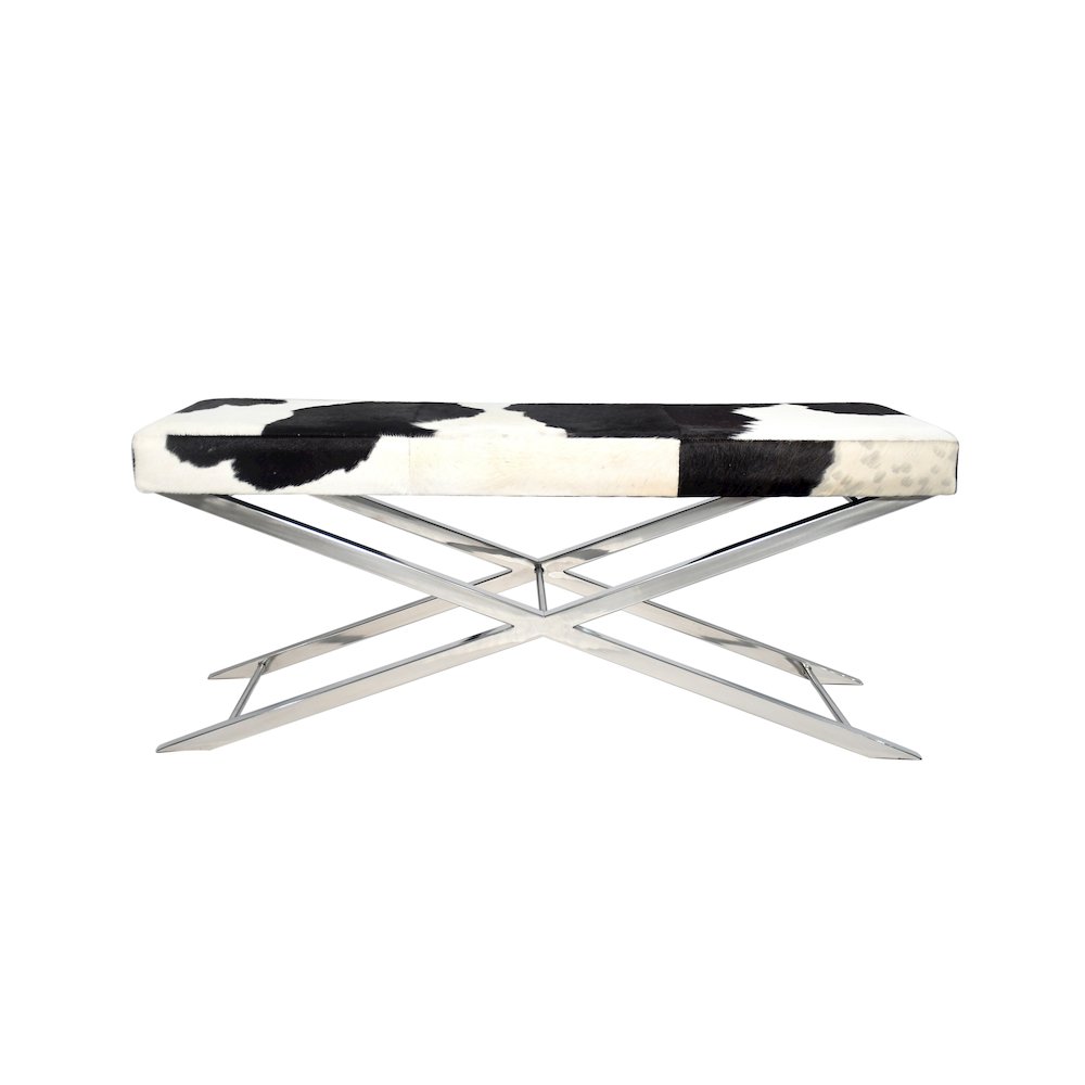 Chrome Stainless Steel Bench With Black And White Hairline Leather