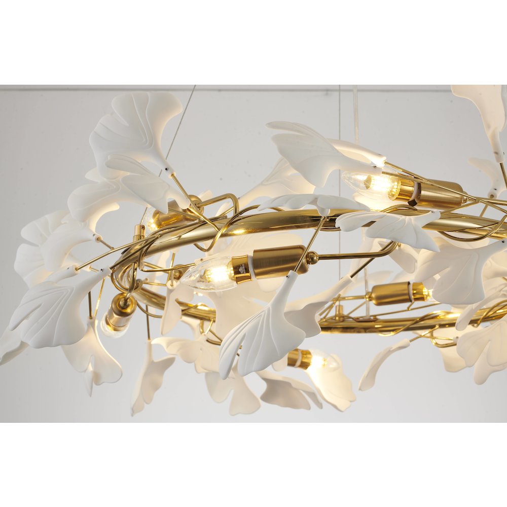 10-Light Brass Chandelier With White Acrylic Leafs