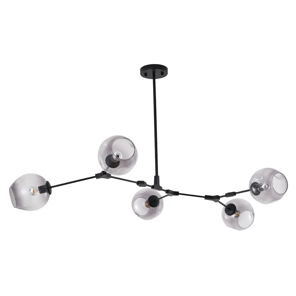 5-Light Black Metal Chandelier With Smoke Glass Shades