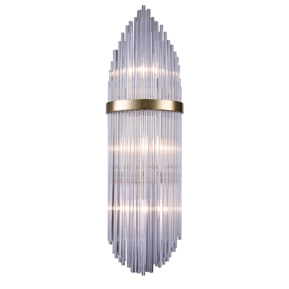 3-Light Antique Brass Metal Wall Sconce With Clear Glass Rods