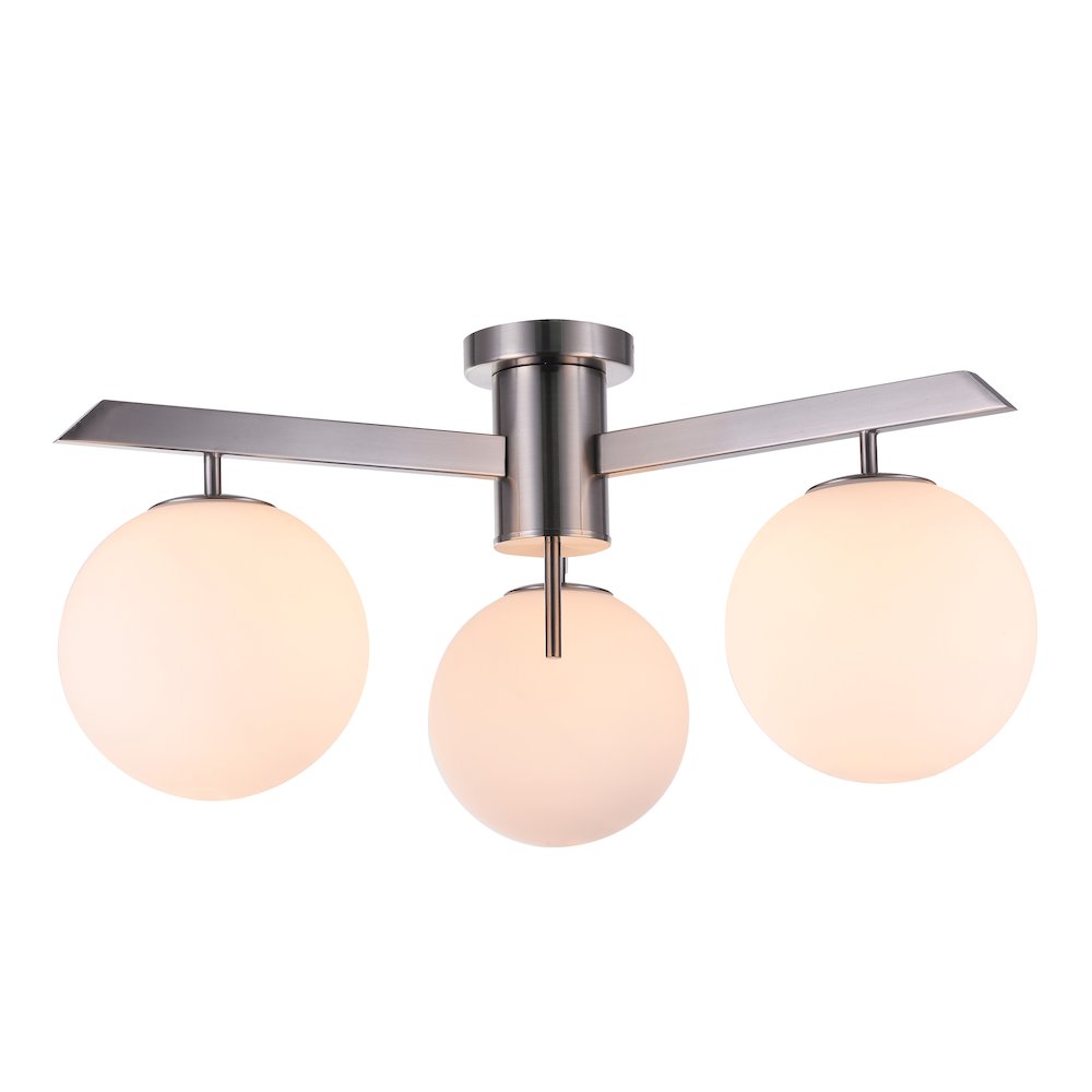 3-Light Shiny Nickel Flush Mount With Milk White Glass Shades