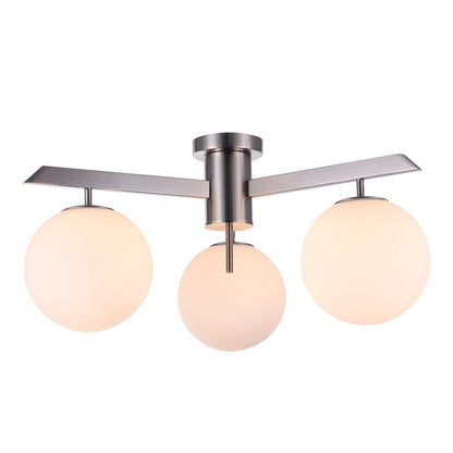3-Light Shiny Nickel Flush Mount With Milk White Glass Shades