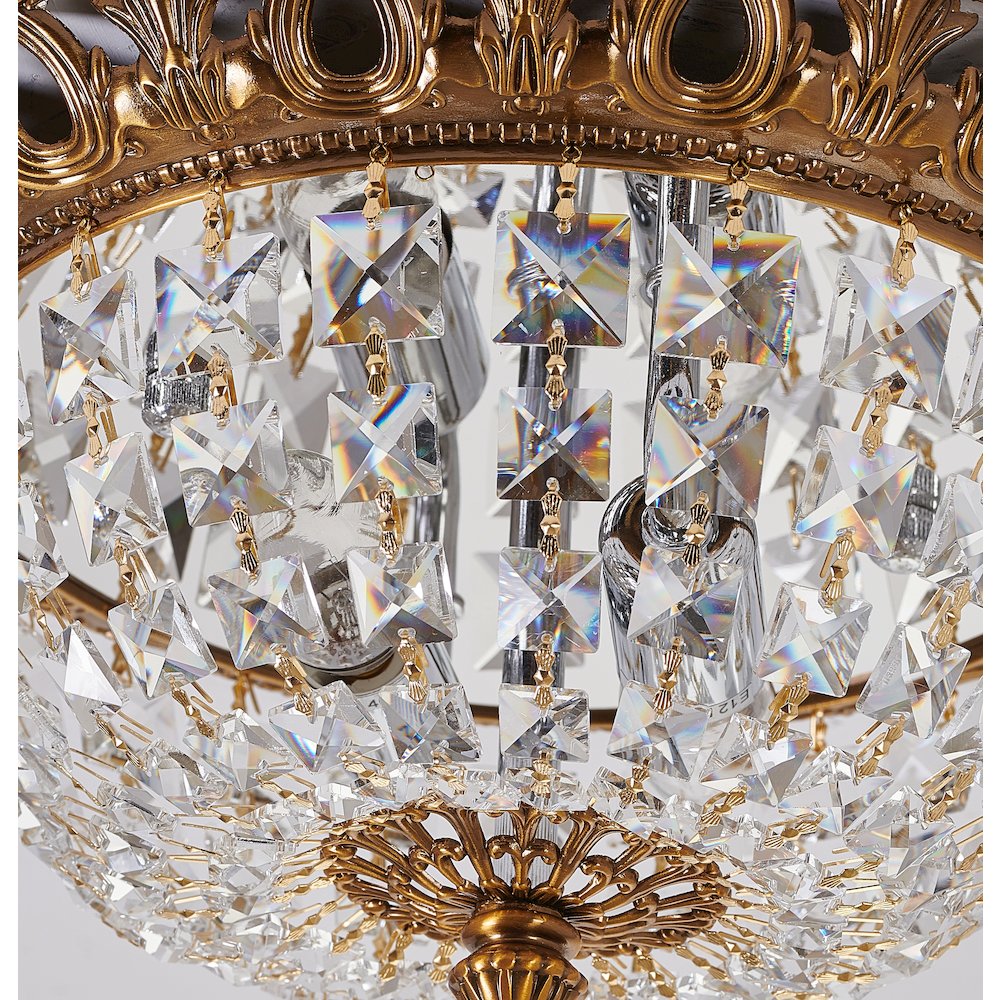 2-Light Antique Gold Flush Mount With Clear Hanging Crystals