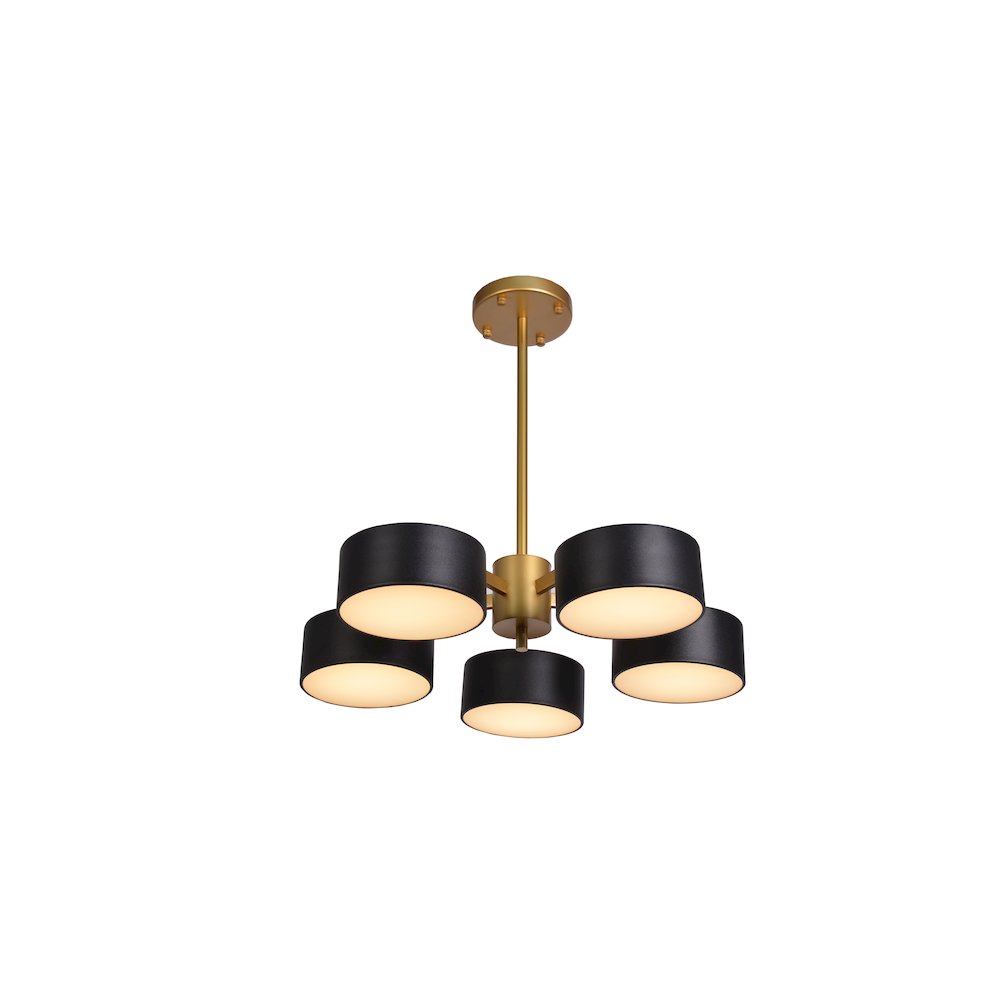 5-Light Gold LED Semi Flush Mount With Black Shades And White Frosted Diffusers