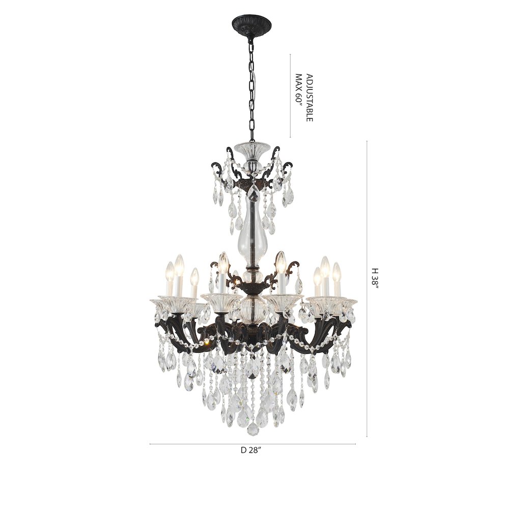 10-Light Satin Black Metal Chandelier With Clear Hanging Crystals