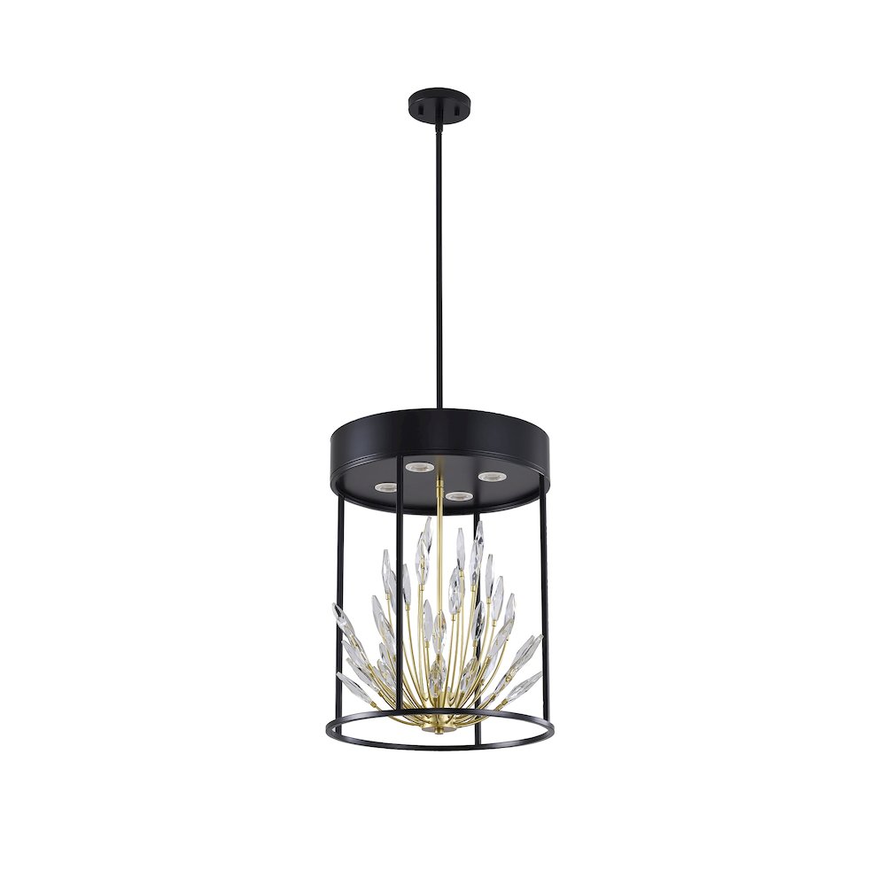 4-Light Matte Black Pendant With Gold Branches And Clear Crystals