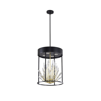 4-Light Matte Black Pendant With Gold Branches And Clear Crystals