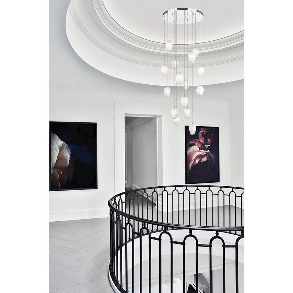 15-Light Chrome Chandelier With White Glass Pendants