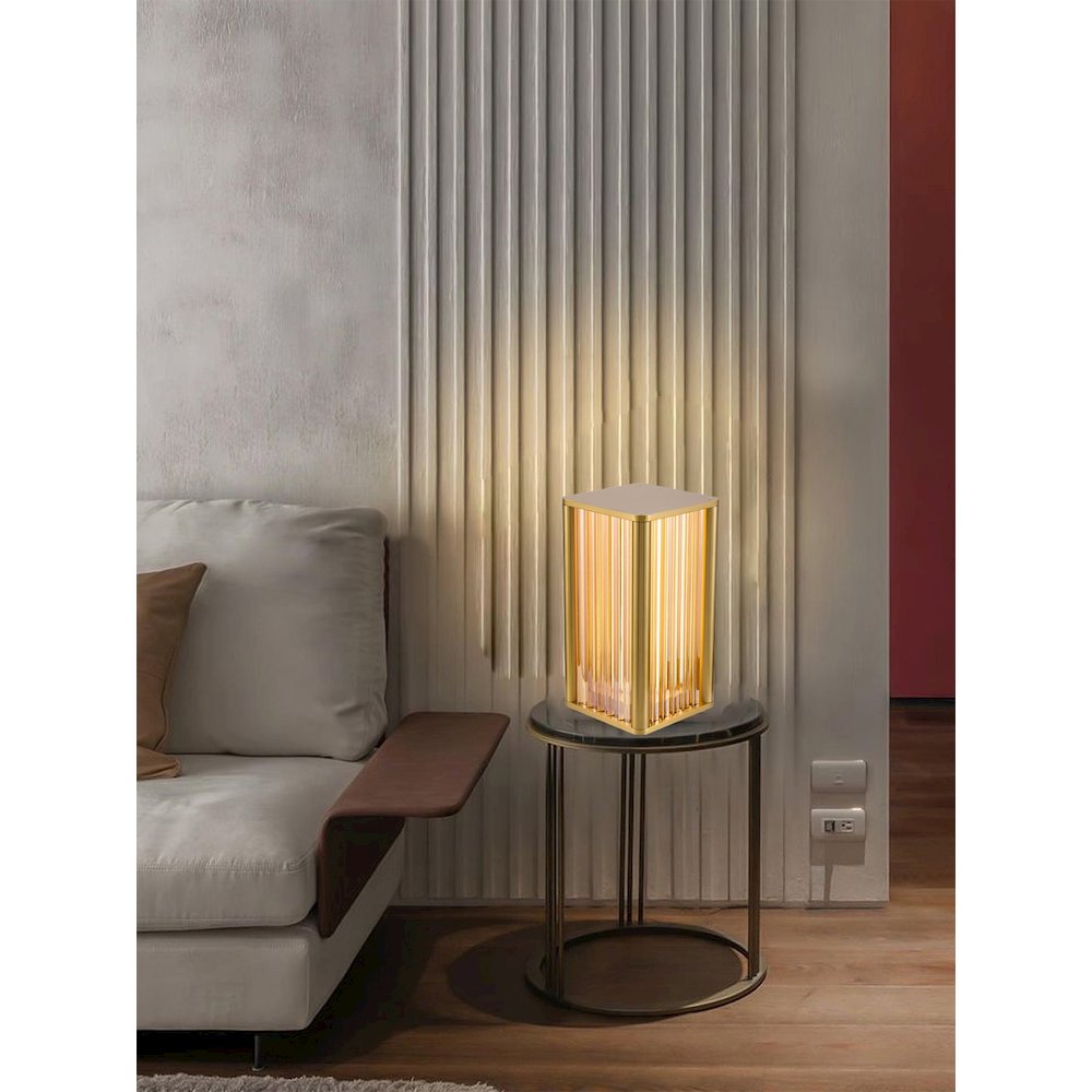 1-Light Satin Brass Stainless Steel LED Table Lamp With Clear Glass Rods