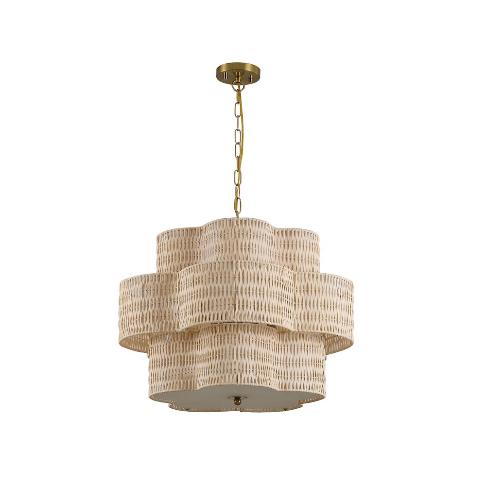 6-Light Brass Chandelier With A Nature Rattan Waved Basket Shade