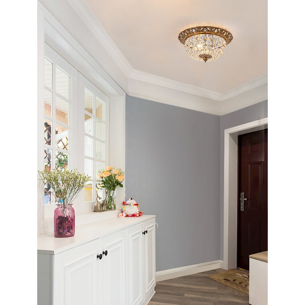 2-Light Antique Gold Flush Mount With Clear Hanging Crystals