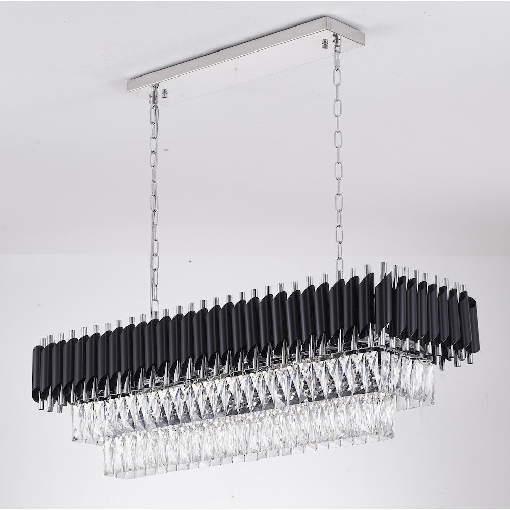 12-Light black and chrome chandelier with clear hanging crystals