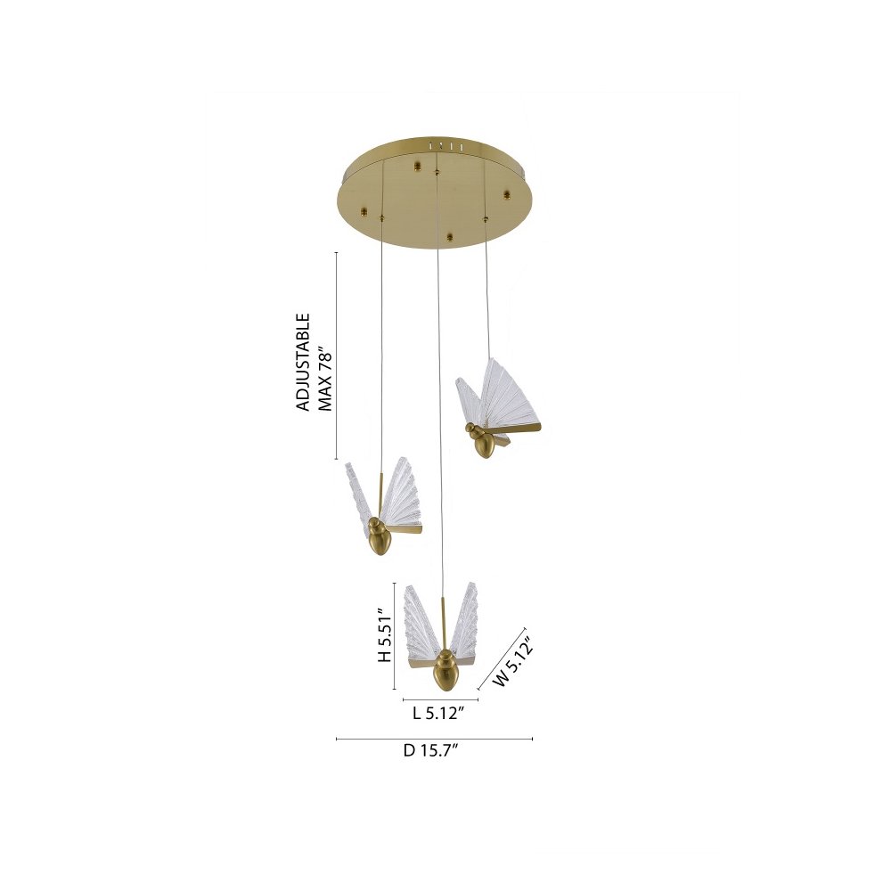 3-Light Stain Brass LED Chandelier With Butterfly Pendants