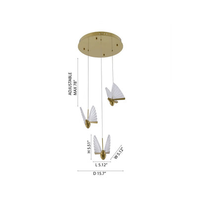 3-Light Stain Brass LED Chandelier With Butterfly Pendants