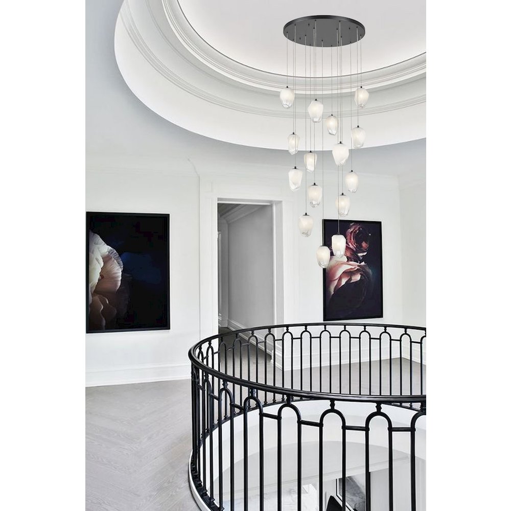15-Light Black Chandelier With White Glass Pendants