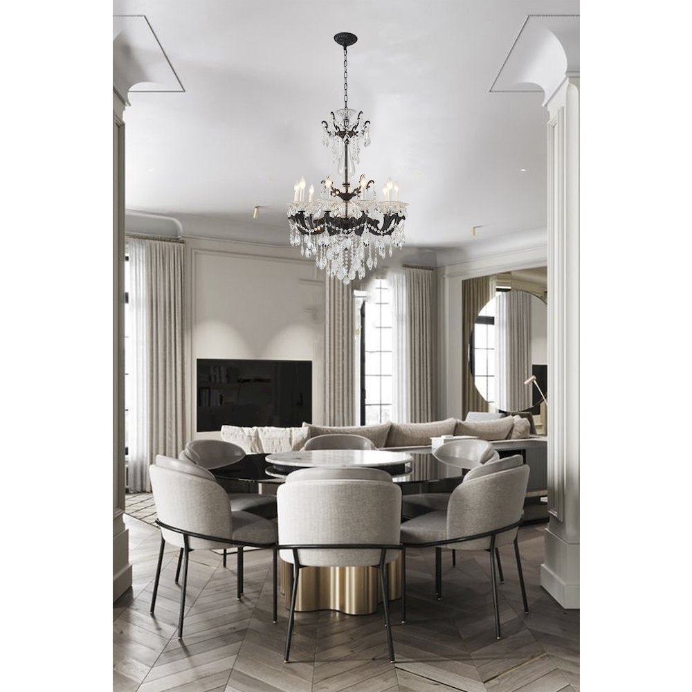 10-Light Satin Black Metal Chandelier With Clear Hanging Crystals