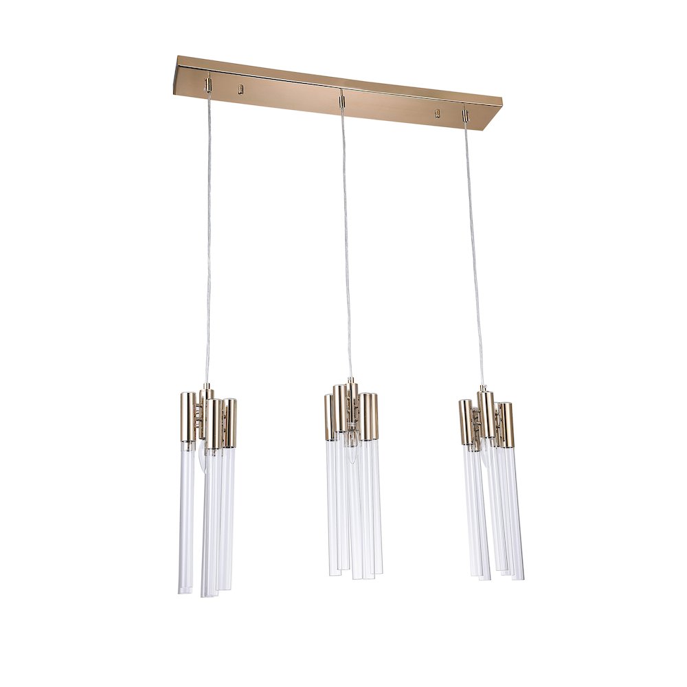 3-Light Gold Chandelier With Clear Glass Tubes