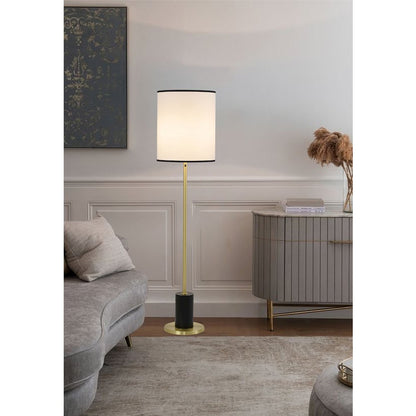 2-Light Black And Satin Brass Floor Lamp With A White Linen Shade