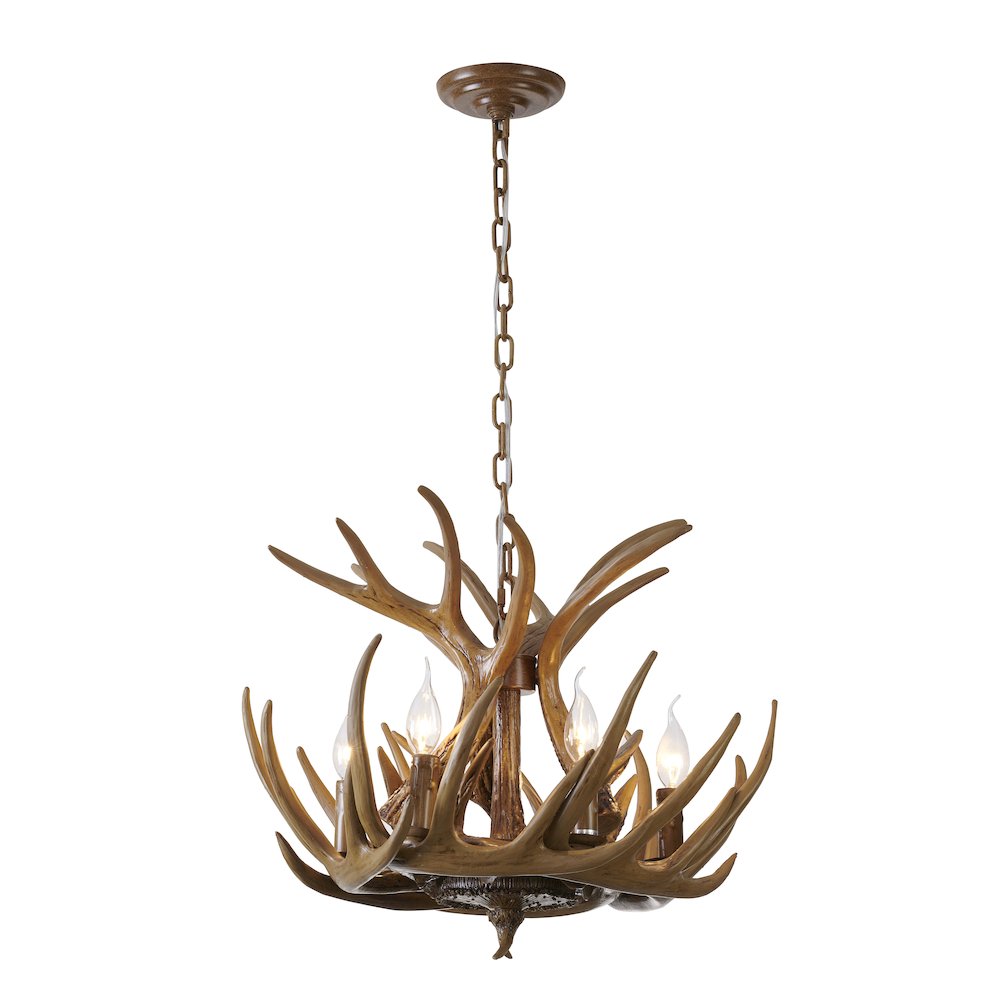 6-Light Brown Polyresin Antler Horn Chandelier