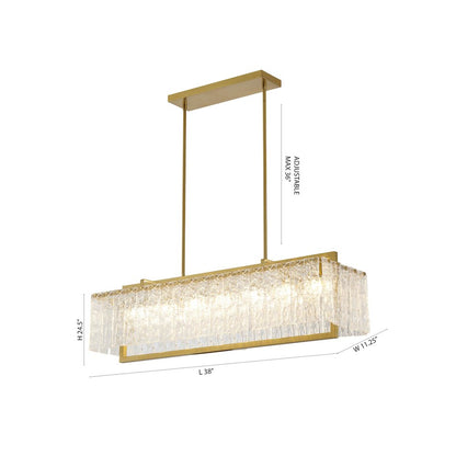 7-Light Brass Chandelier With Hanging Clear Rippled Glass