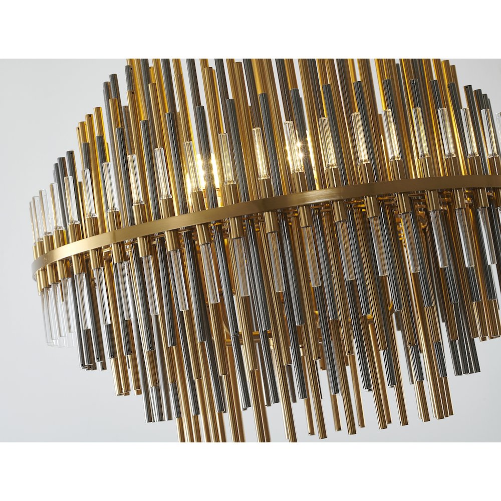6-Light Brass Chandelier With Black Iron And Clear Glass Tubes