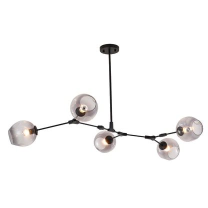 5-Light Black Metal Chandelier With Smoke Glass Shades
