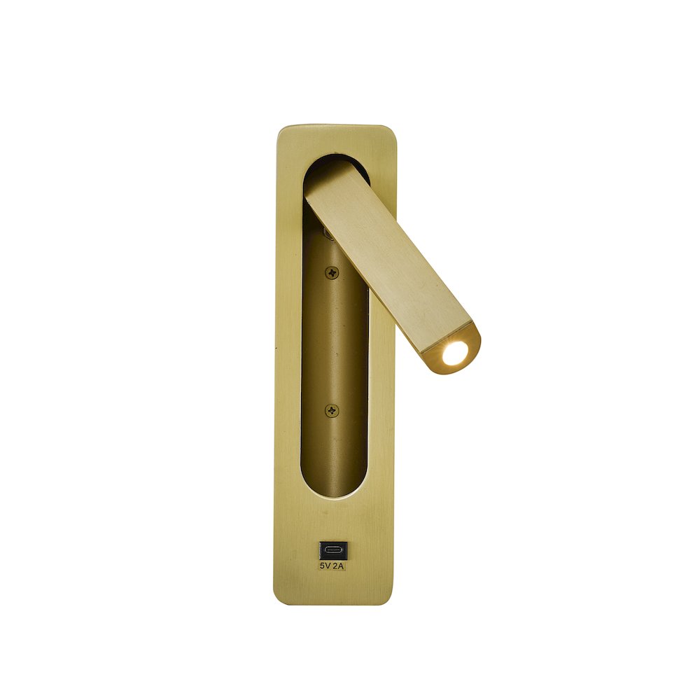 1-Light Satin Brass Metal LED Wall Sconce With One USB Port