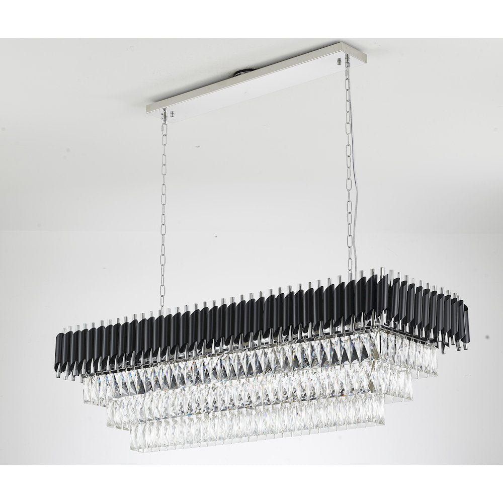 14-Light black and chrome chandelier with clear hanging crystal