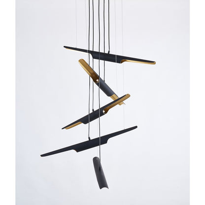 10-Light Matte Black Tubed Chandelier With Gold Interior