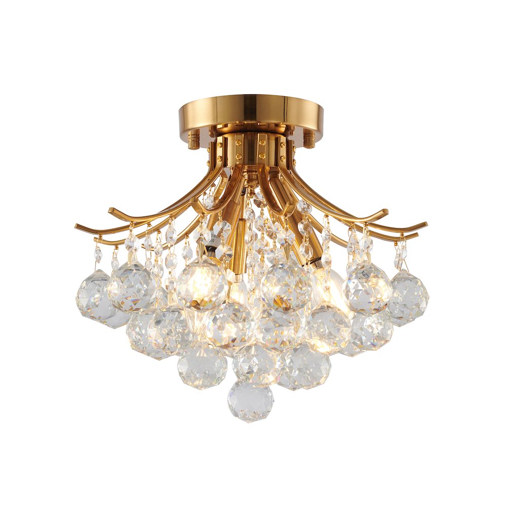 3-Light Satin Brass Metal Flush Mount With Clear Crystals
