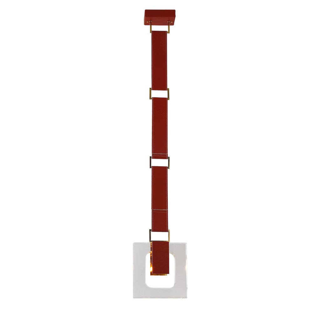 1-Light Red Leather Strap Pendant With A Clear Crystal Block