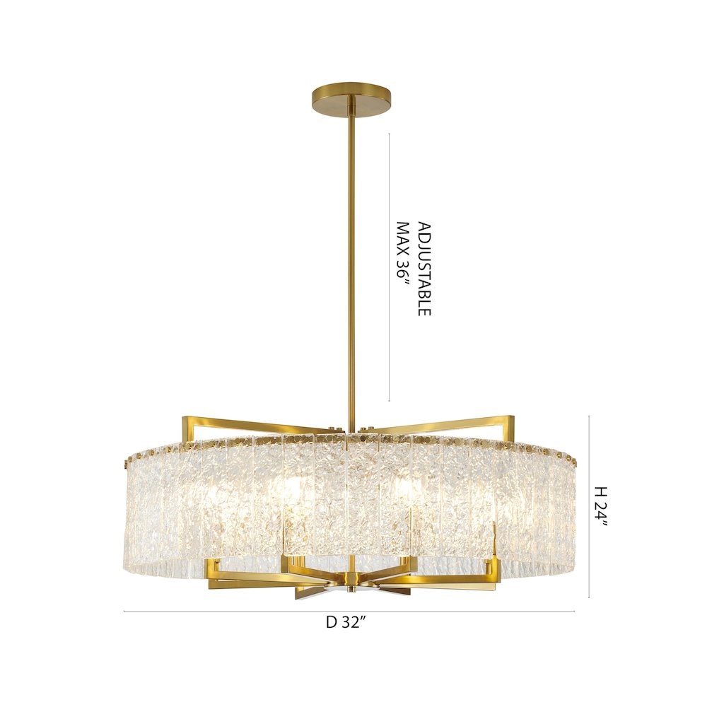 8-Light Brass Chandelier With Hanging Clear Rippled Glass