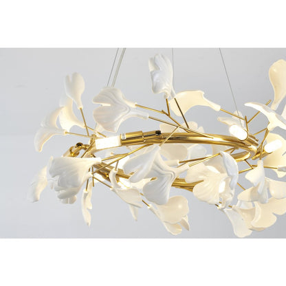 6-Light Brass Chandelier With Matte White Plastic Leaf Petals in a round shape