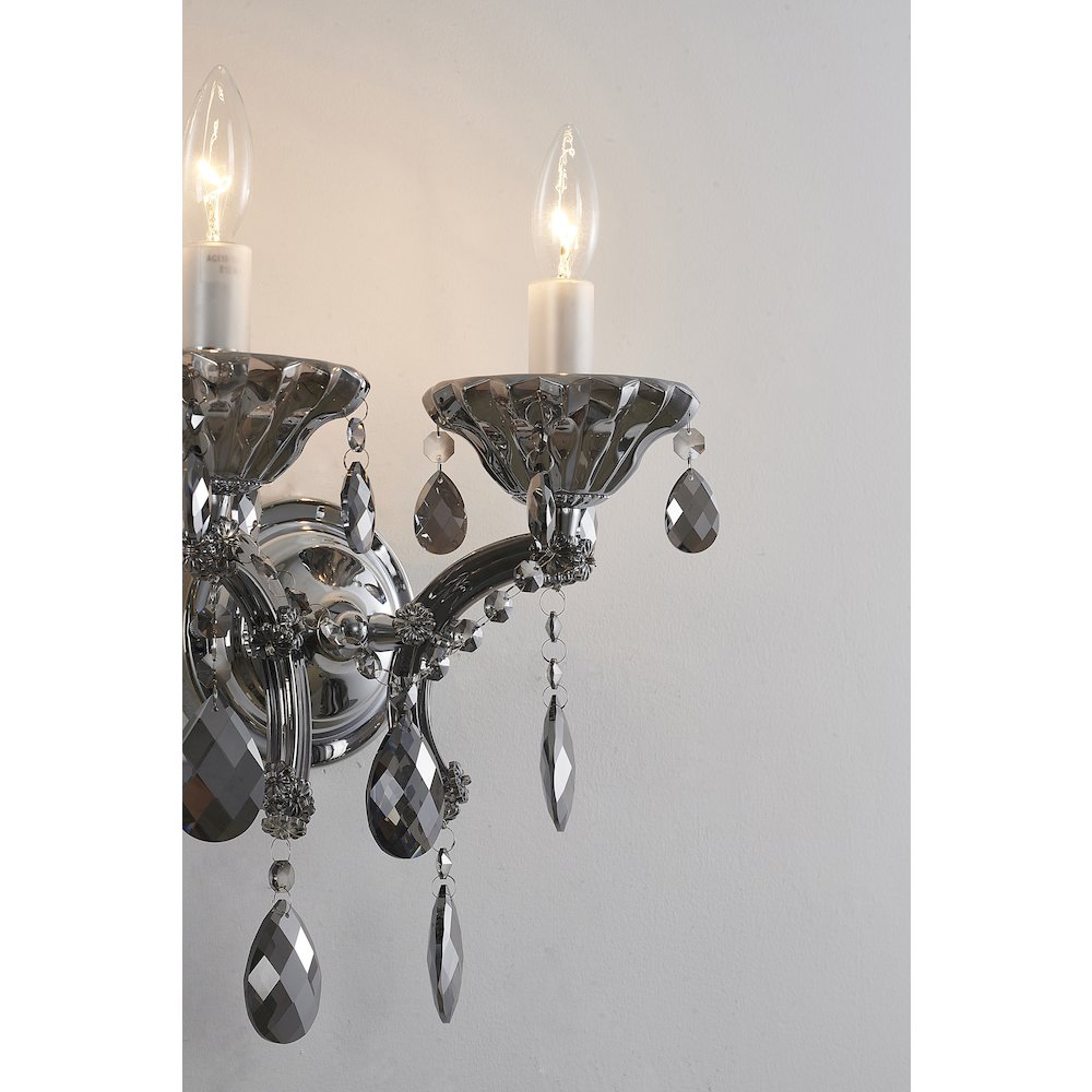 2-Light Chrome Metal Wall Sconce With Smoke Crystal Accents