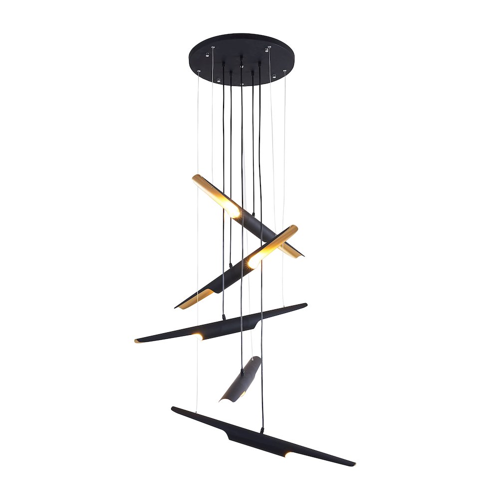 10-Light Matte Black Tubed Chandelier With Gold Interior