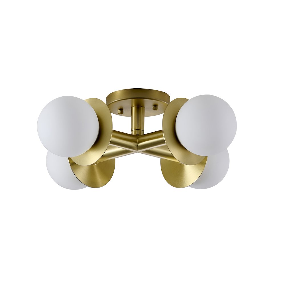 4-Light Satin Brass Flush Mount With White Glass Globe Shades